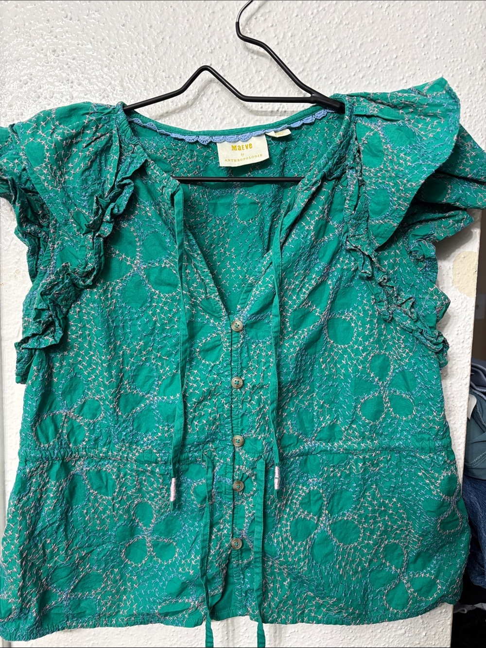Maeve Teal Green Ruffled Button-Front Blouse